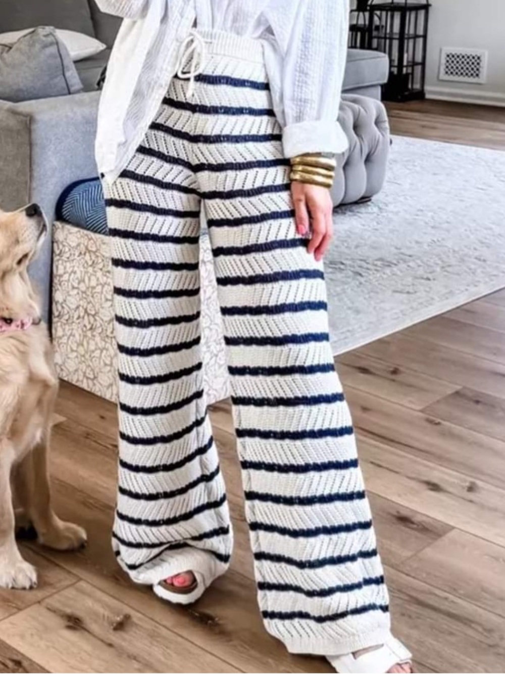 Aerie Cream Navy Blue Stripe Elastic Waist Crochet Wide Leg Pants Size L